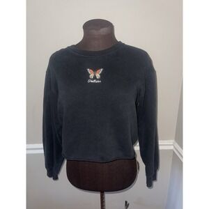 Hollister Embroidered  Butterfly Cropped Sweatshirt Black Womens Small Oversized